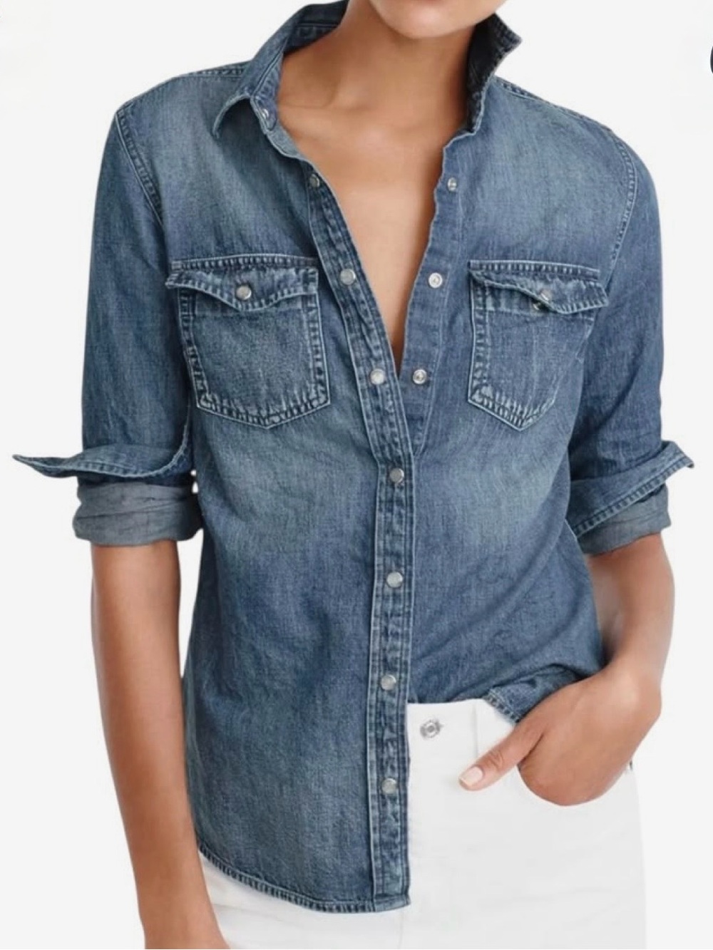 J. Crew Western Chambray Denim Snap Button-Down Shirt in Blue Size 2